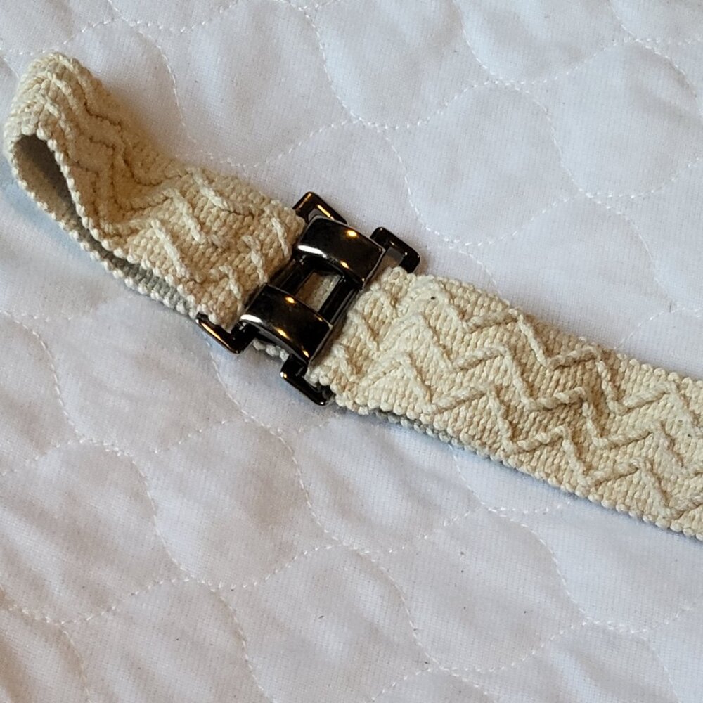 Woven Stretchy Belt Cream Silver Toned Buckle Clasp Boho Hippie Natural - Picture 5 of 15